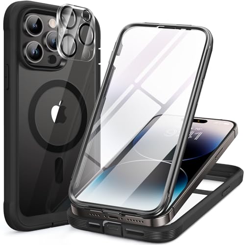 VUP Full Body Rugged Case with Built-in [Upgraded Tempered Glass] Screen Protector, Magnetic Phone Case for iPhone 14 Pro Max Case 6.7″ (Black)